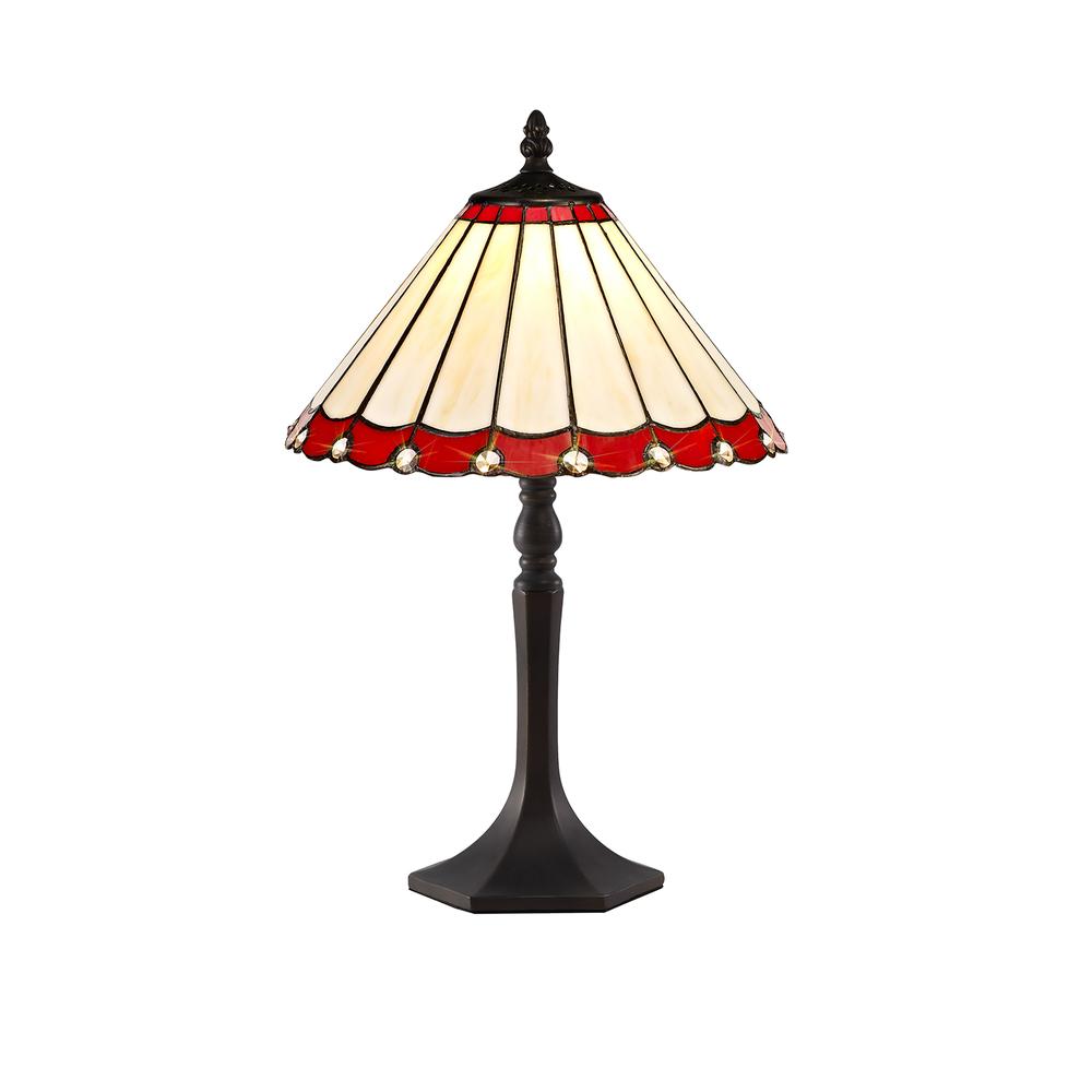 Luxuria Sleek 1 Light Octagonal Table Lamp E27 With 30cm Tiffany Shade Red/Cream/Crystal/Aged Antique Brass