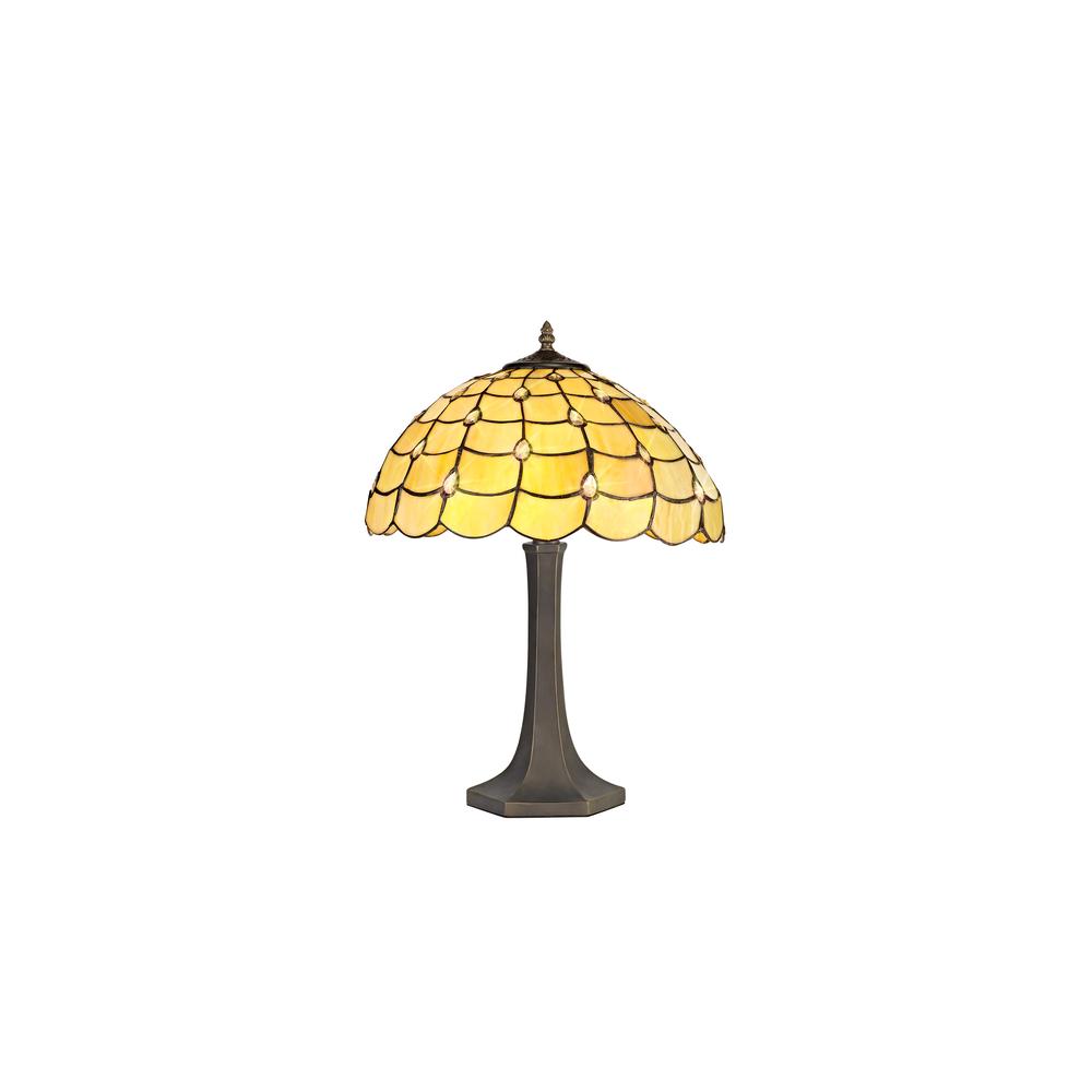 Luxuria Luna 2 Light Octagonal Table Lamp E27 With 40cm Tiffany Shade Beige/Clear Crystal/Aged Antique Brass