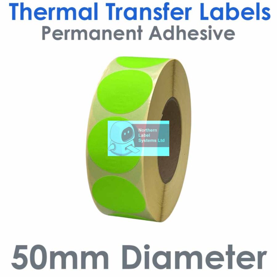 050DIATTNPG1-2000FL, 50mm Diameter Circle, FLUORESCENT GREEN, Thermal Transfer Labels, Permanent Adhesive, 2,000 per roll, FOR LARGER LABEL PRINTERS