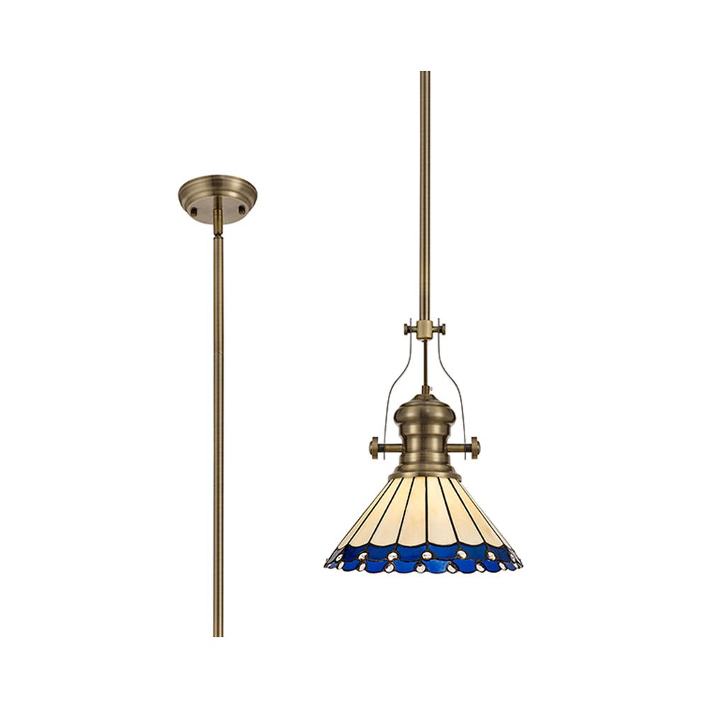 Luxuria Sleek Pendant Light E27 With 30cm Tiffany Shade Antique Brass/Blue/Cream/Crystal