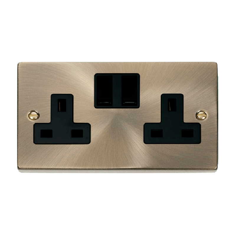 Click Deco 2 Gang 13A DP Switched Socket Outlet (Twin Earth) Antique Brass Insert Black