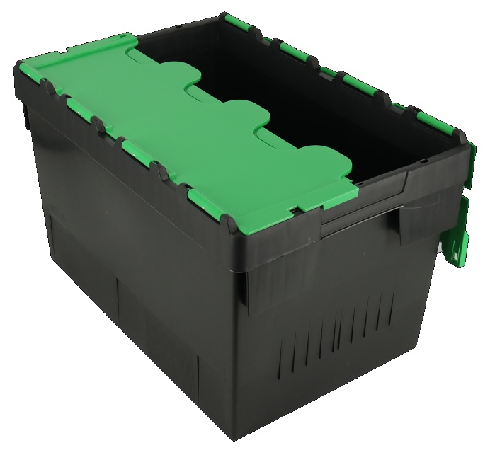UK Suppliers Of 600x400x300 Attached Lidded Crate Green-Totes-Packs of 4 For Food Distribution