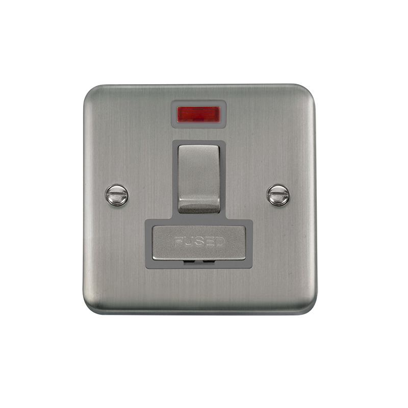 Click Deco Plus Switched Fused Spur Stainless Steel Grey Inserts Neon Light