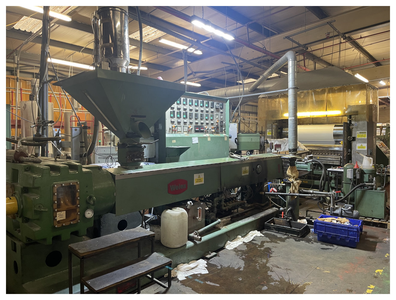 1650mm wide Welex coextrusion sheet line comprising 120mm extruder, with 60mm coex, 1650mm die, 1650x450mm rolls, haul off guillotine. Running ABS/PS