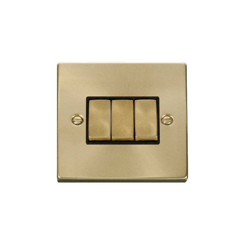 Click Deco 3 Gang 2 Way Ingot 10AX Switch Satin Brass Black Inserts