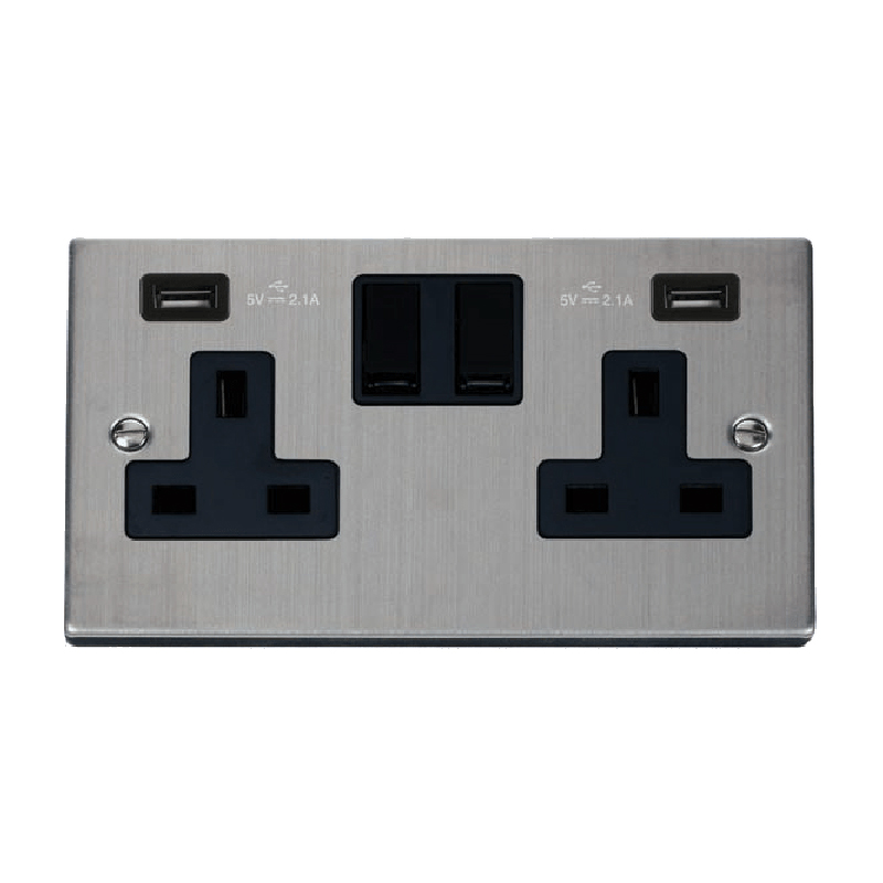 Click Deco 13A 2G Switched Socket with Twin 2.1A USB Outlets Stainless Steel Insert Black