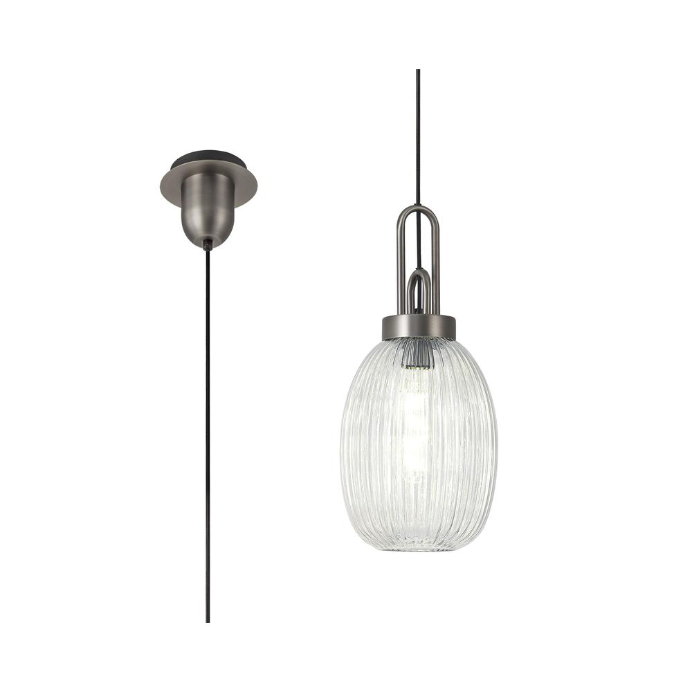 Luxuria Kennith Pendant Light E27 20cm Almond Ribbed Glass Clear Antique Silver/Black