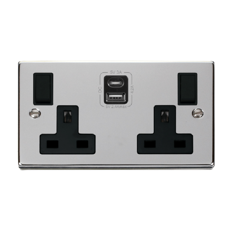 Click Deco 2G 13A Switched Socket With Type A & C USB 4.2A Outlets Polished Chrome Insert Black