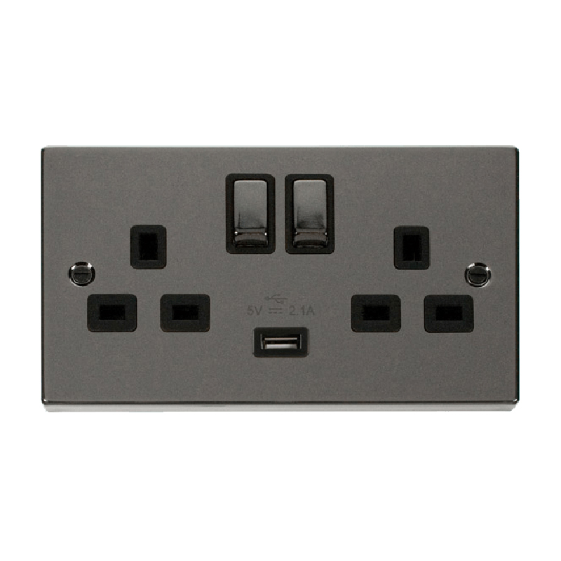 Click Deco 13A Ingot 2G Switched Socket With Single 2.1A USB Outlet Black Nickel Insert Black