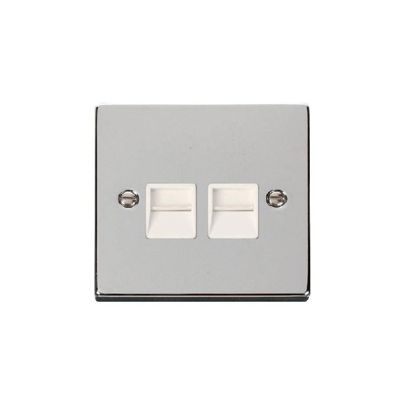 Click Deco Twin Telephone Socket Outlet Secondary Polished Chrome Insert White