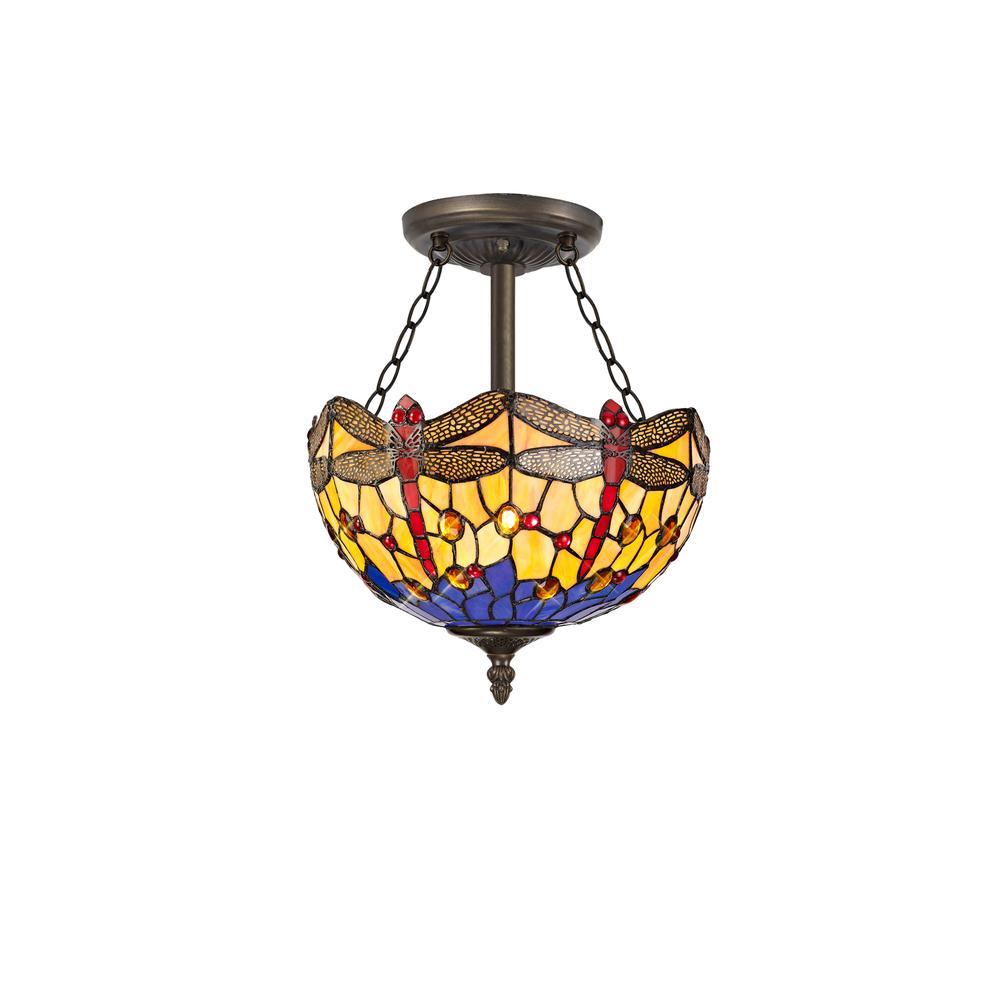 Luxuria Broadway 3 Light Semi Flush E27 With 30cm Tiffany Shade Blue/Orange/Crystal/Aged Antique Brass