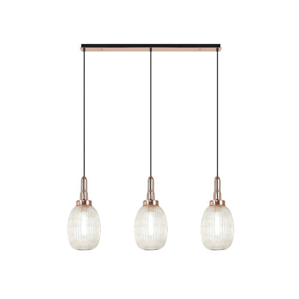 Luxuria Kennith Linear 3 Light Pendant E27 With 20cm Almond Ribbed Glass Champagne Copper/Matt Black