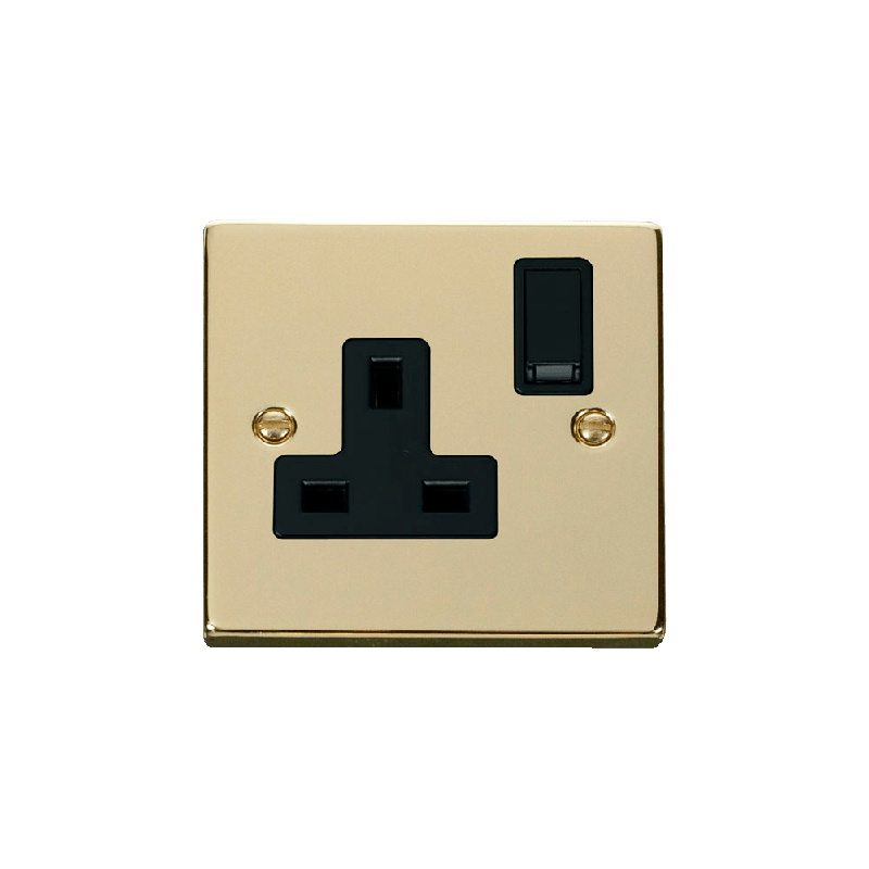 Click Deco 1 Gang 13A DP Switched Socket Outlet Polished Brass Insert Black