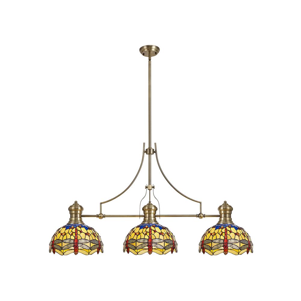 Luxuria Broadway 3 Light Linear Pendant E27 With 30cm Tiffany Shade Antique Brass Blue Orange Crystal