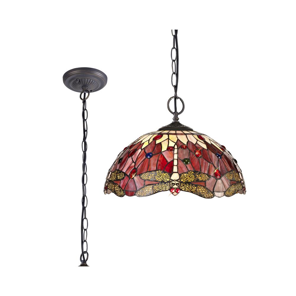 Luxuria Broadway 41cm 2 Light Downlighter Pendant E27 With 40cm Tiffany Shade Purple/Pink/Crystal/Aged Antique Brass