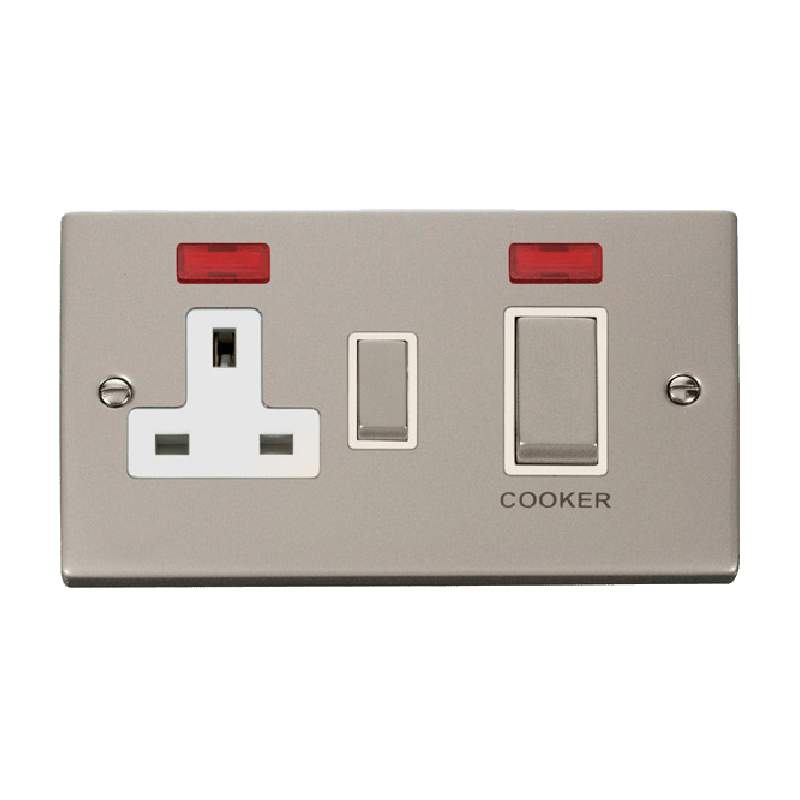 Click Deco 45A Ingot DP Switch with 13A Switched Socket and Neons Pearl Nickel Insert White