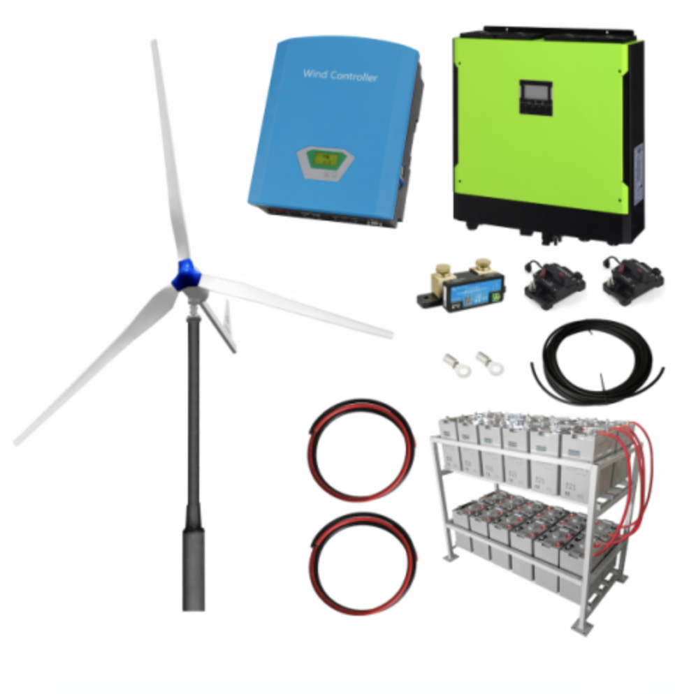 1Kw Grid-Tie Wind Turbine Kit With 5.5Kw Hybrid Inverter And 24Kwh Battery Bank For Export Of Wind Power Into The Grid