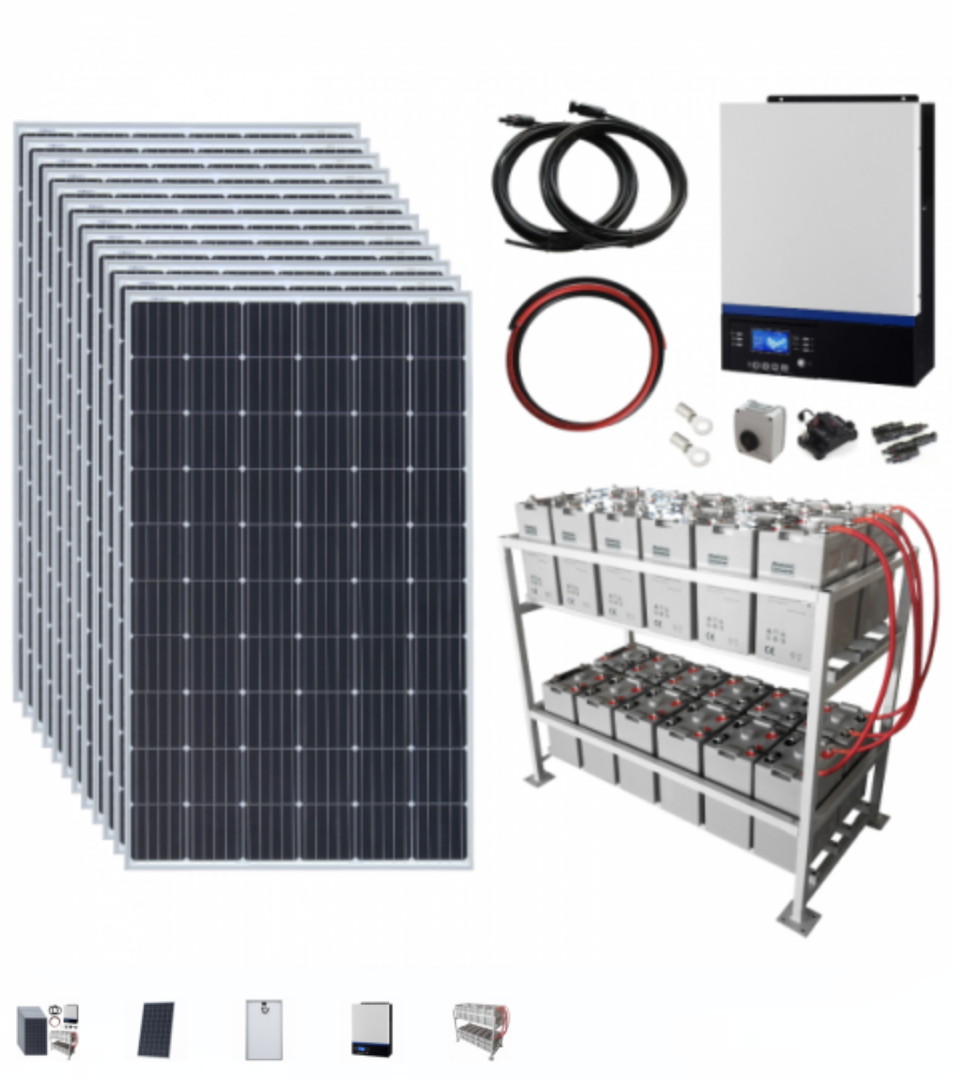 3.6Kw 48V Complete Off-Grid Solar Power System With 12 X 300W Solar Panels, 5Kw Hybrid Inverter And A 24Kwh Battery Bank