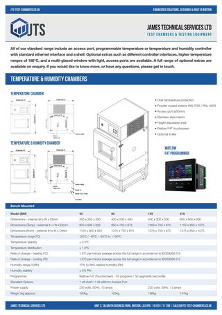 Technical Specifications for Bench Mounted Temperature & Humidity Chambers