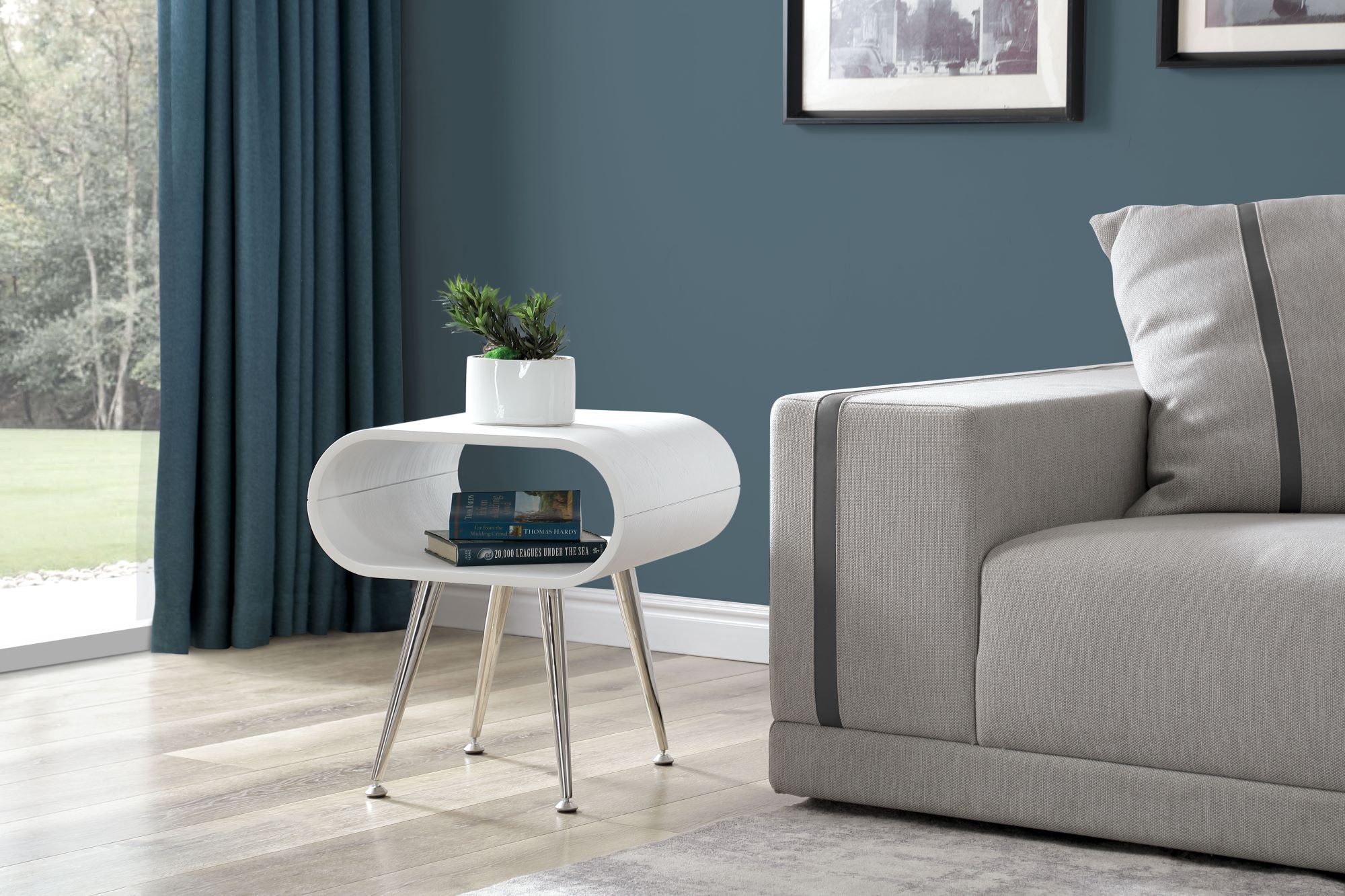 Sleek White Wooden and Chrome Lamp / Side Table - 450mm - JF722 UK