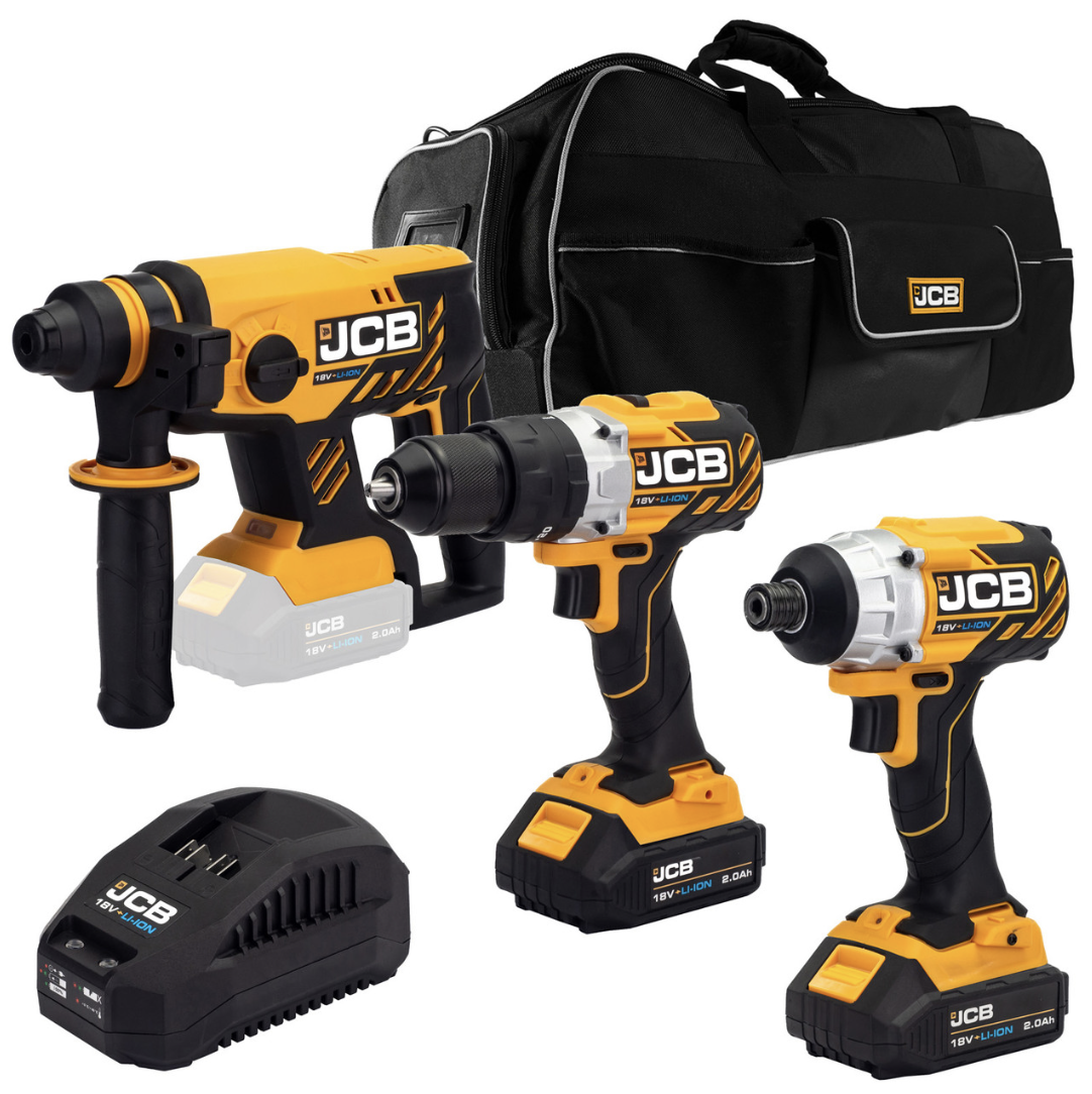 JCB 18V Brushless Combi Drill, Impact Driver & Hammer Drill Kit, 2 x 2Ah Li-Ion Batteries, Charger and 26” Kit Bag 