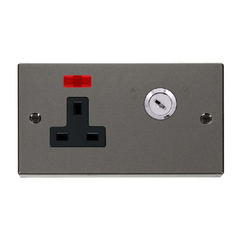 Click Deco 13A 1 Gang DP Key Lockable Socket With Neon Black Nickel Insert Black