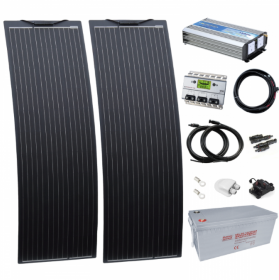 1.5kw complete van conversion kit with 2 x 150w black narrow semi-flexible solar panel, 200ah 12v battery and 1500w 230v pure sine wave inverter VANKIT-1500