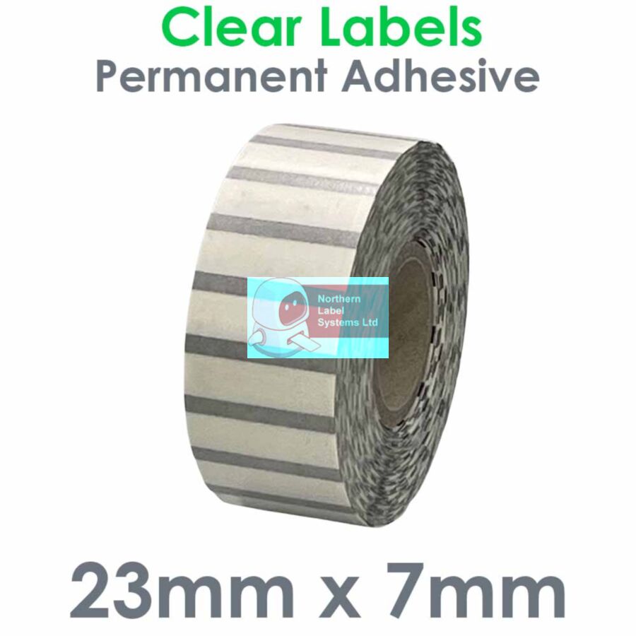 023007CPNPW1-2500, 23mm x 7mm CLEAR Polypropylene Label, Permanent Adhesive, FOR SMALL DESKTOP LABEL PRINTERS