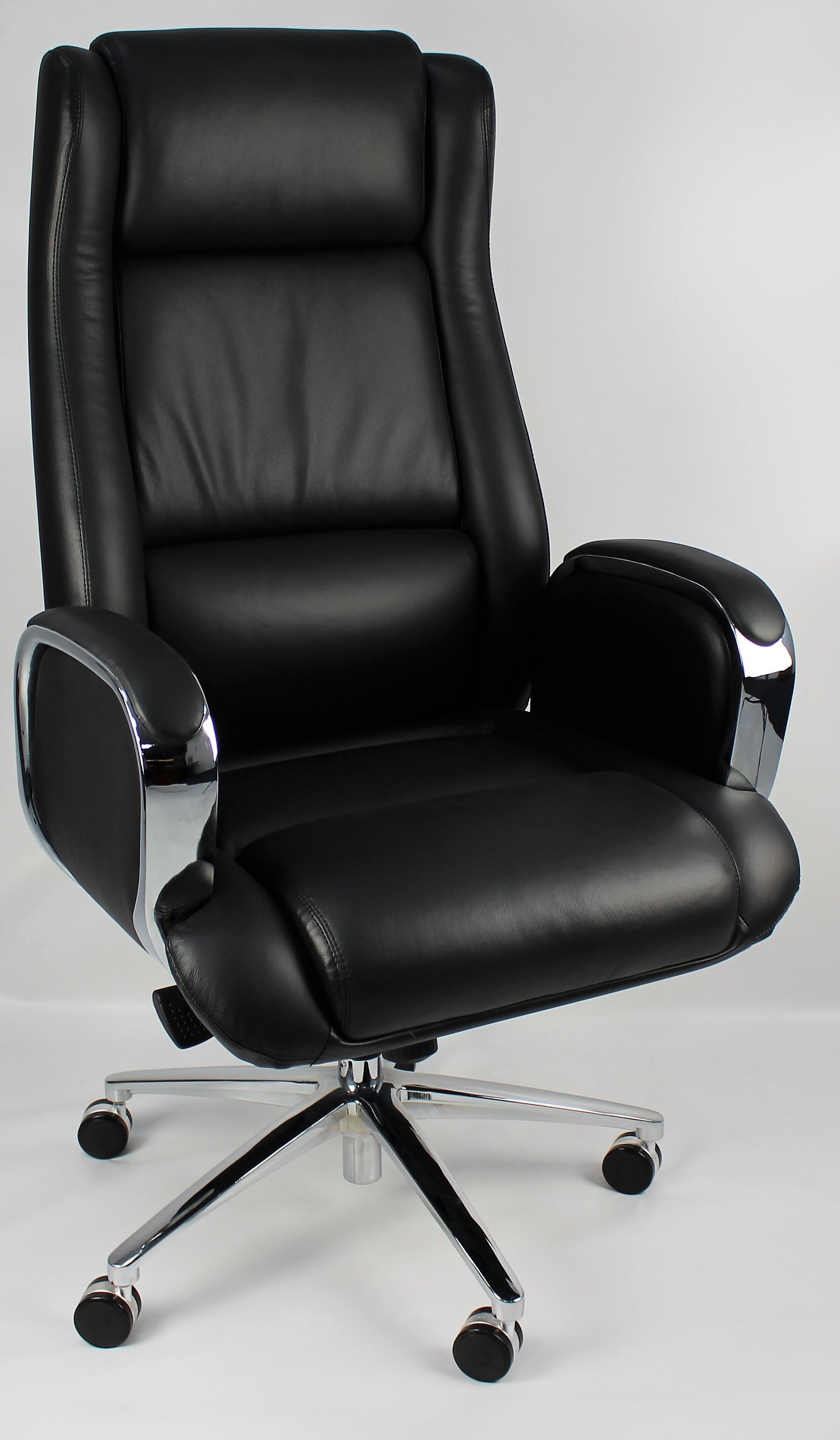 Black Leather Executive Office Chair with Chrome Trimmed Arms - J1201 UK