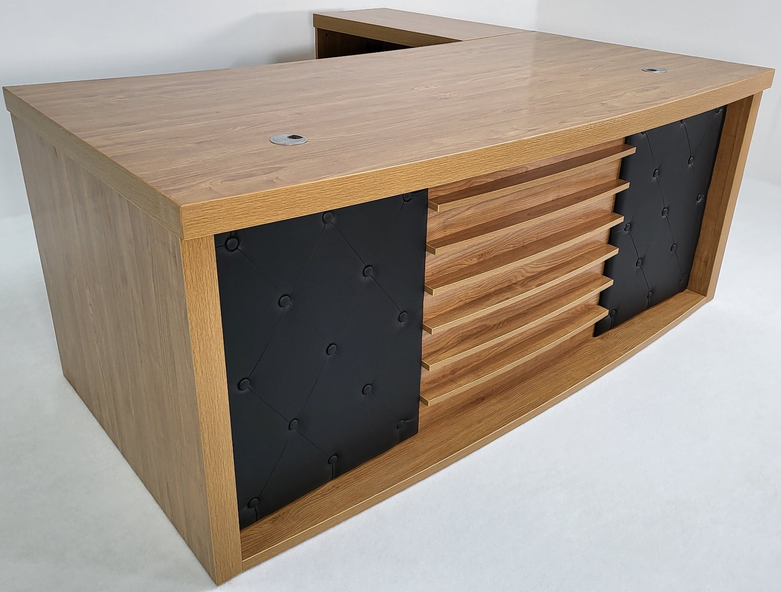Suppliers Of Modern Oak Executive Office Desk with Chesterfield Modesty Panel with Mobile Pedestal and Desk Level Return - 1800mm - 8692 UK
