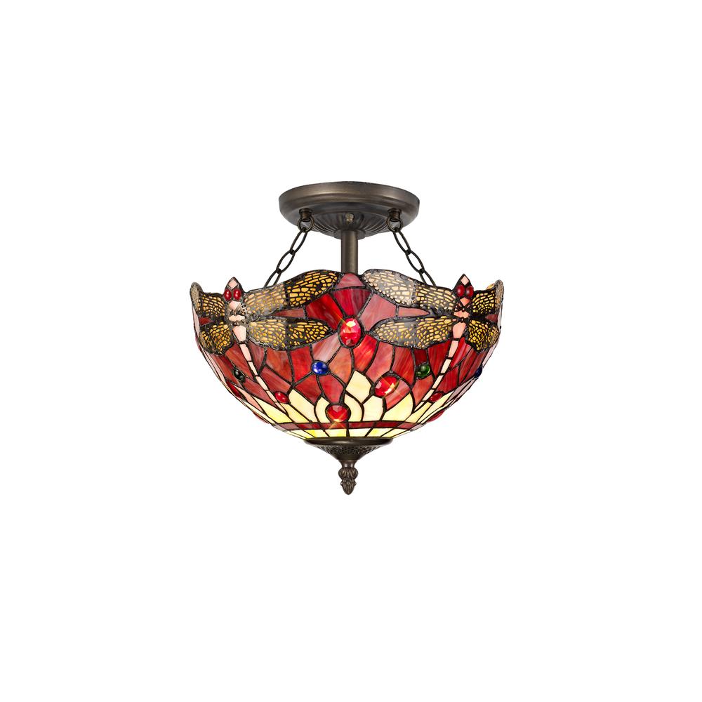 Luxuria Broadway 2 Light Semi Flush E27 With 30cm Tiffany Shade Purple/Pink/Crystal/Aged Antique Brass