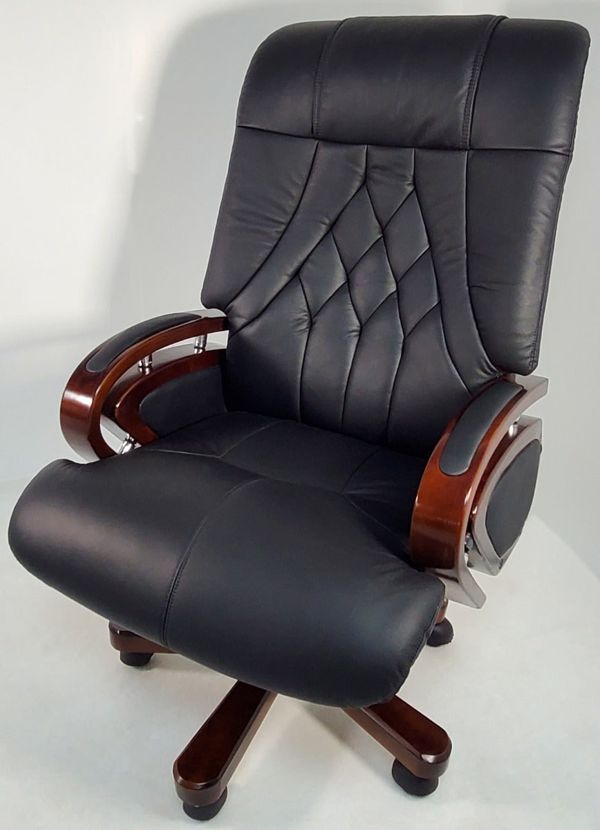 Specialising In Genuine Leather Black Executive Office Chair with Walnut Arms - A616 North Yourkshire