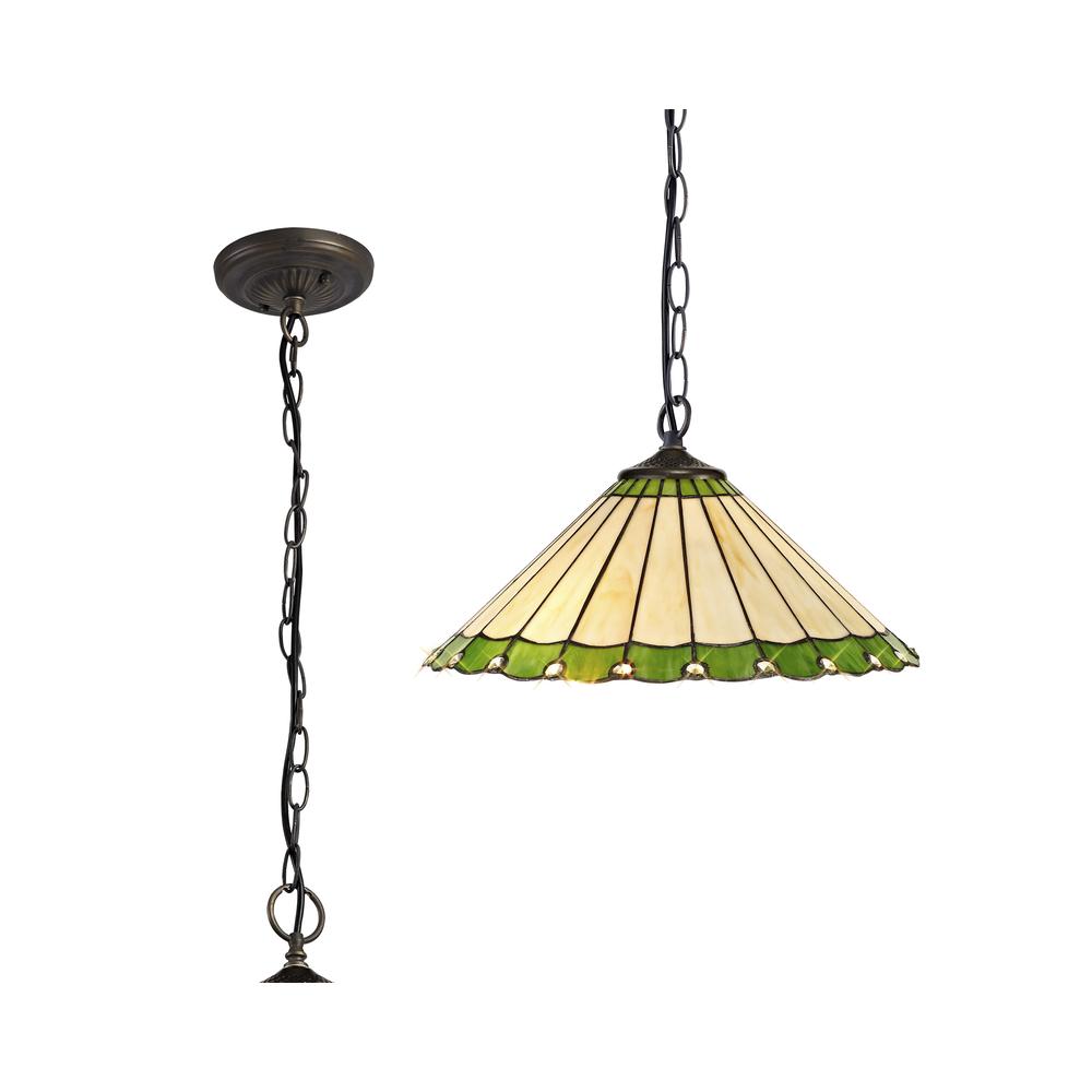 Luxuria Sleek 40.5cm 1 Light Downlighter Pendant E27 With 40cm Tiffany Shade Green/Cream/Crystal/Aged Antique Brass