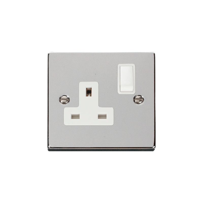 Click Deco 1 Gang 13A DP Switched Socket Outlet Polished Chrome Insert White