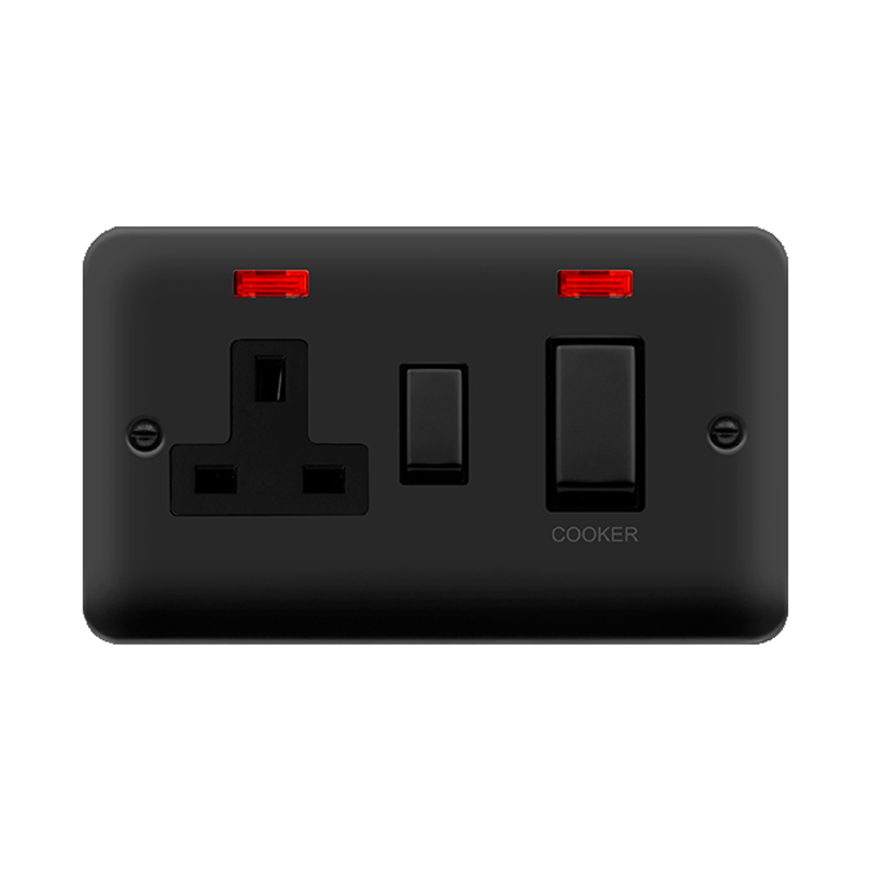 Click Deco Plus 2 Gang Cooker Switch & Socket Matt Black Black Inserts Neon Light