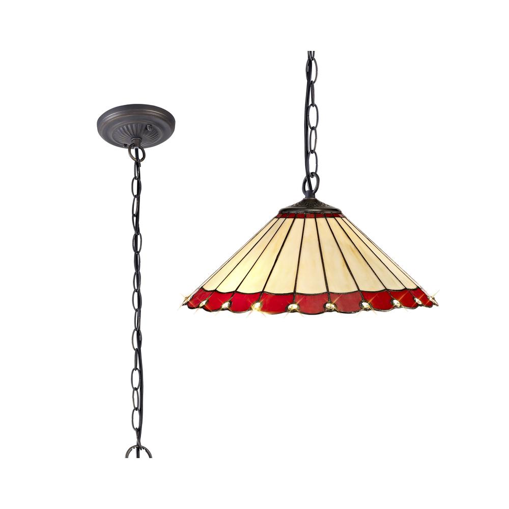 Luxuria Sleek 40.5cm 1 Light Downlighter Pendant E27 With 40cm Tiffany Shade Red/Cream/Crystal/Aged Antique Brass