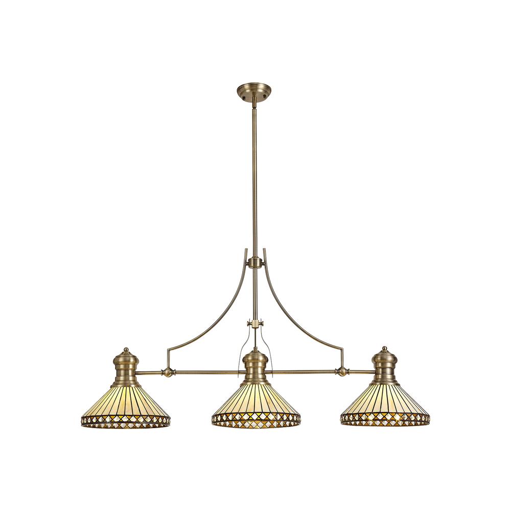 Luxuria Peacock Feather 3 Light Linear Pendant E27 With 30cm Tiffany Shade Antique Brass Amber Cream Crystal