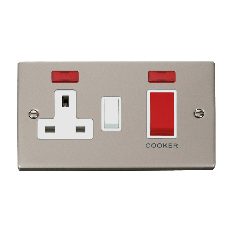 Click Deco 45A DP Switch with 13A Switched Socket and Neons Pearl Nickel Insert White