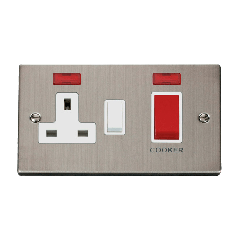 Click Deco 45A DP Switch with 13A Switched Socket and Neons Stainless Steel Insert White