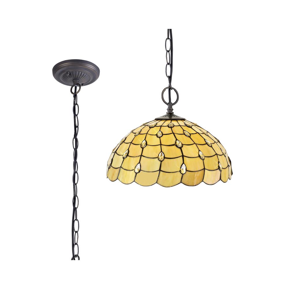 Luxuria Luna 2 Light Downlighter Pendant E27 With 50cm Tiffany Shade Beige/Clear Crystal/Aged Antique Brass