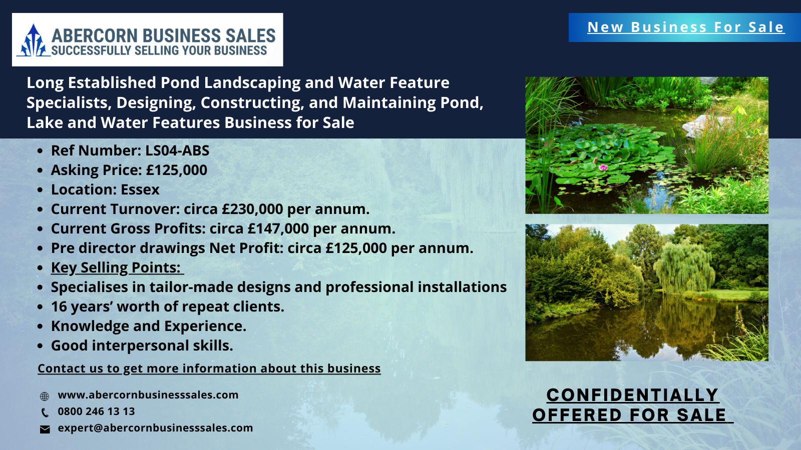 LS04-ABS - Long Established Pond Landscaping and Water Feature Specialists, Designing, Constructing, and Maintaining Pond, Lake and Water Features Business for Sale