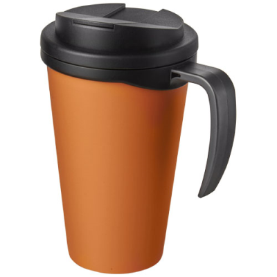 AMERICANO® GRANDE 350 ML MUG with Spill-Proof Lid in Orange & Solid Black.