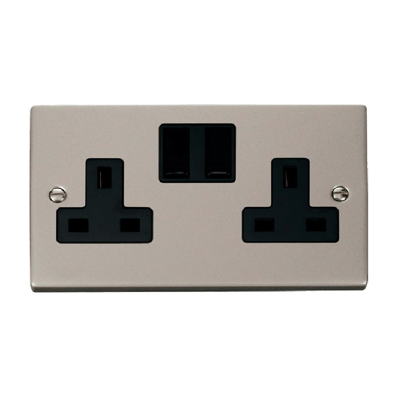 Click Deco 2 Gang 13A DP Switched Socket Outlet (Twin Earth) Pearl Nickel Insert Black