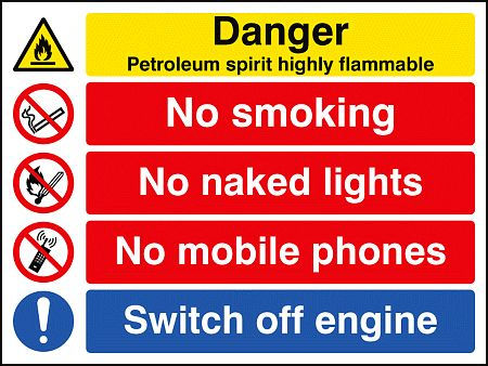 Petroleum spirit highly flammable/no smoking etc