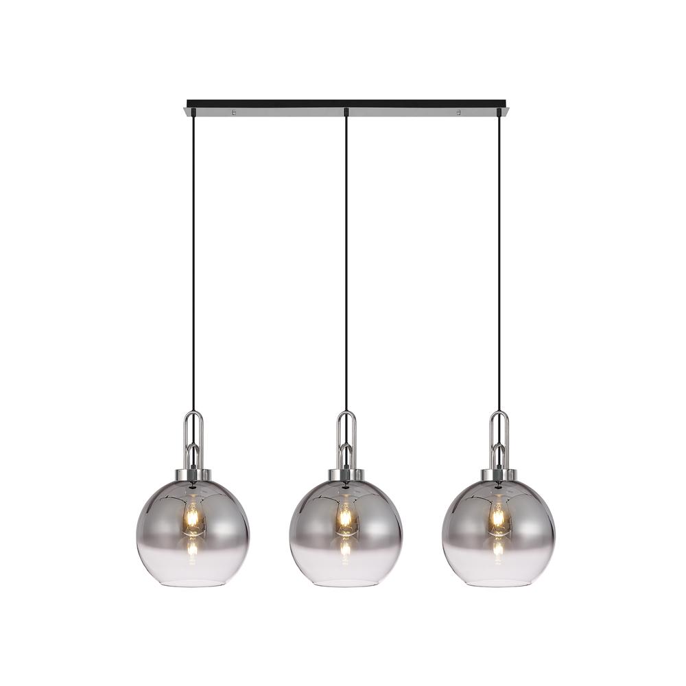 Luxuria Kennith Linear 3 Light Pendant E27 With 30cm Globe Glass Smoked/Clear Polished Nickel/Matt Black