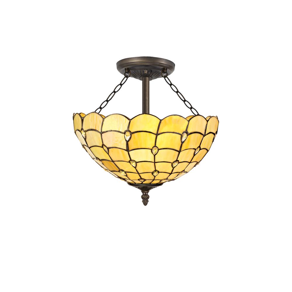 Luxuria Luna 3 Light Semi Flush E27 With 40cm Tiffany Shade Beige/Clear Crystal/Aged Antique Brass