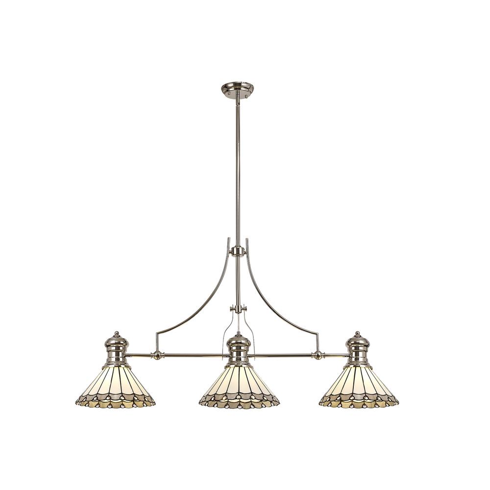 Luxuria Sleek 3 Light Linear Pendant E27 With 30cm Tiffany Shade Polished Nickel Grey Cream Crystal