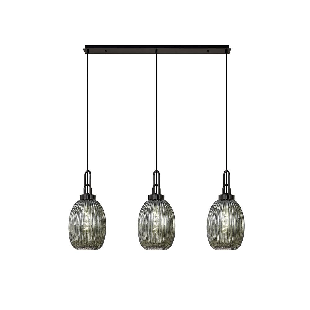 Luxuria Kennith Linear 3 Light Pendant With 20cm Almond Ribbed Glass Black Chrome/Matt Black Smoked