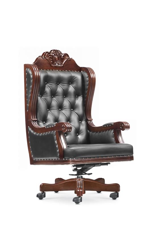 Large Traditional Chesterfield Real Black Leather Office Chair with Walnut Detailing - GRA-FE8A1 Huddersfield