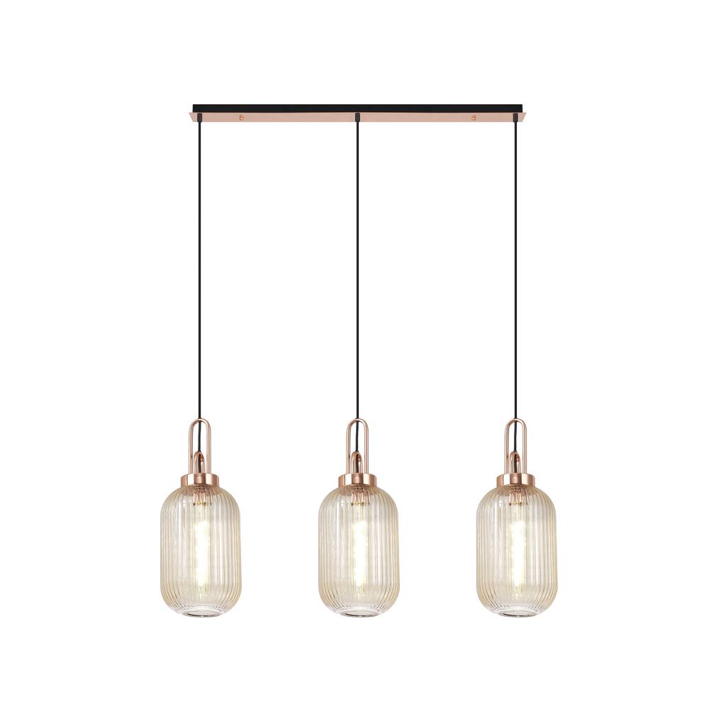 Luxuria Kennith Linear 3 Light Pendant E27 With 20cm Tubular Ribbed Glass Champagne Copper/Matt Black